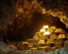 Goldbarren, die in einer dunklen unterirdischen Höhle gestapelt sind und versteckte Schätze aus den größten Goldrauben der Geschichte darstellen