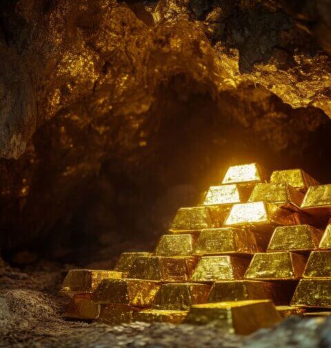Goldbarren, die in einer dunklen unterirdischen Höhle gestapelt sind und versteckte Schätze aus den größten Goldrauben der Geschichte darstellen