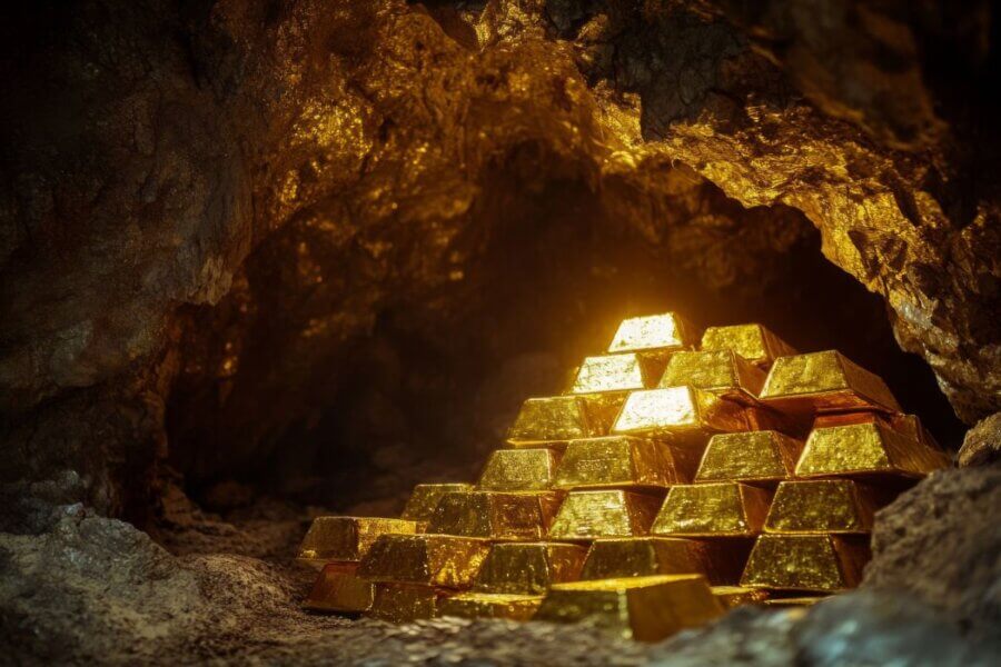 Goldbarren, die in einer dunklen unterirdischen Höhle gestapelt sind und versteckte Schätze aus den größten Goldrauben der Geschichte darstellen