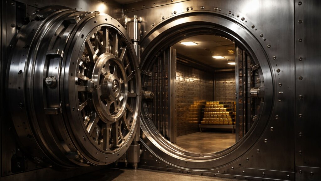 Ultrasicherer Privatbanktresor mit weit geöffneter massiver Stahltür, die gestapelte 999,9 Feingoldbarren offenbart – physische Goldreserven, die von Milliardärsfamilien und Dynastien zum langfristigen Vermögensschutz genutzt werden.