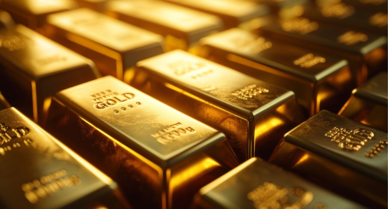 Nahaufnahme gestapelter Goldbarren mit eingravierten „Fine Gold“-Markierungen – symbolisiert globale Goldreserven, begrenztes Angebot, Peak Gold und steigende Goldpreise im Jahr 2026