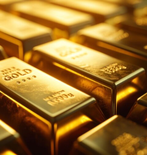 Nahaufnahme gestapelter Goldbarren mit eingravierten „Fine Gold“-Markierungen – symbolisiert globale Goldreserven, begrenztes Angebot, Peak Gold und steigende Goldpreise im Jahr 2026