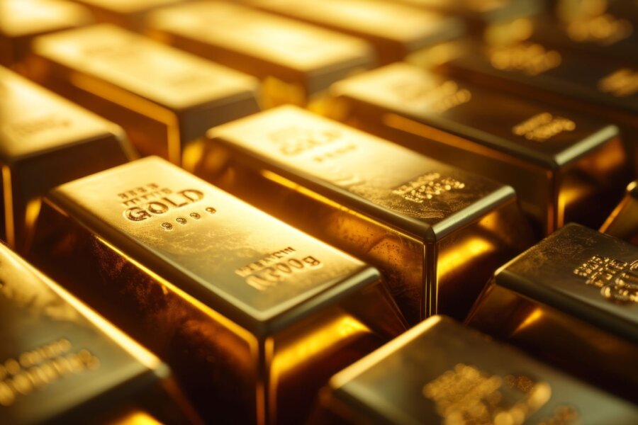 Close-up of stacked gold bars with engraved fine gold markings, symbolizing global gold reserves, limited supply, peak gold, and rising gold prices in 2026