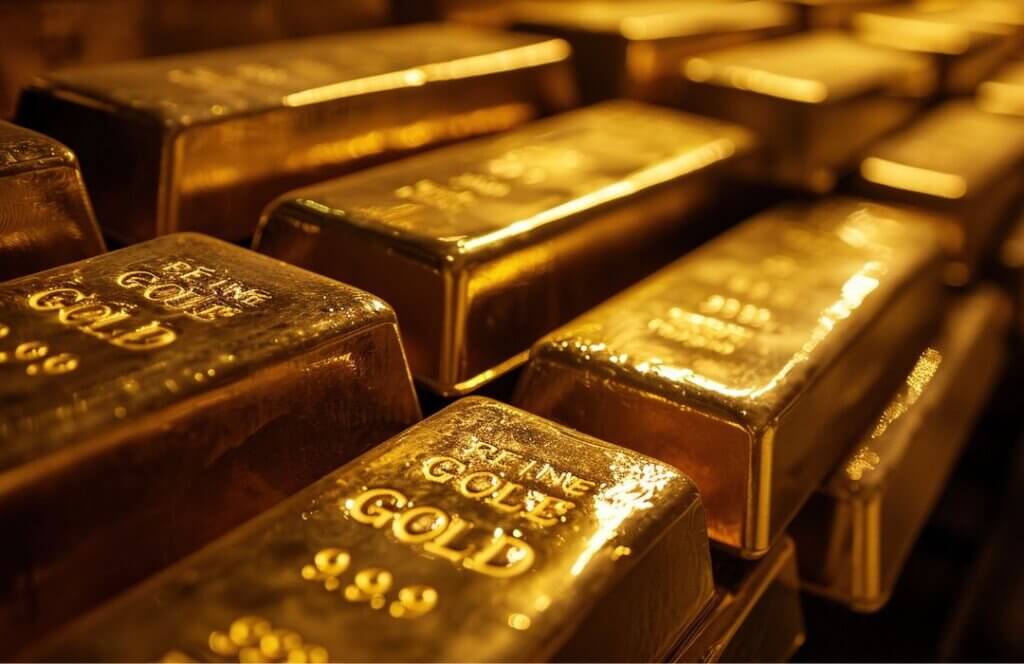 Nahaufnahme gestapelter Goldbarren, die die verschwundenen Goldreserven der irakischen Zentralbank nach der Invasion 2003 darstellen