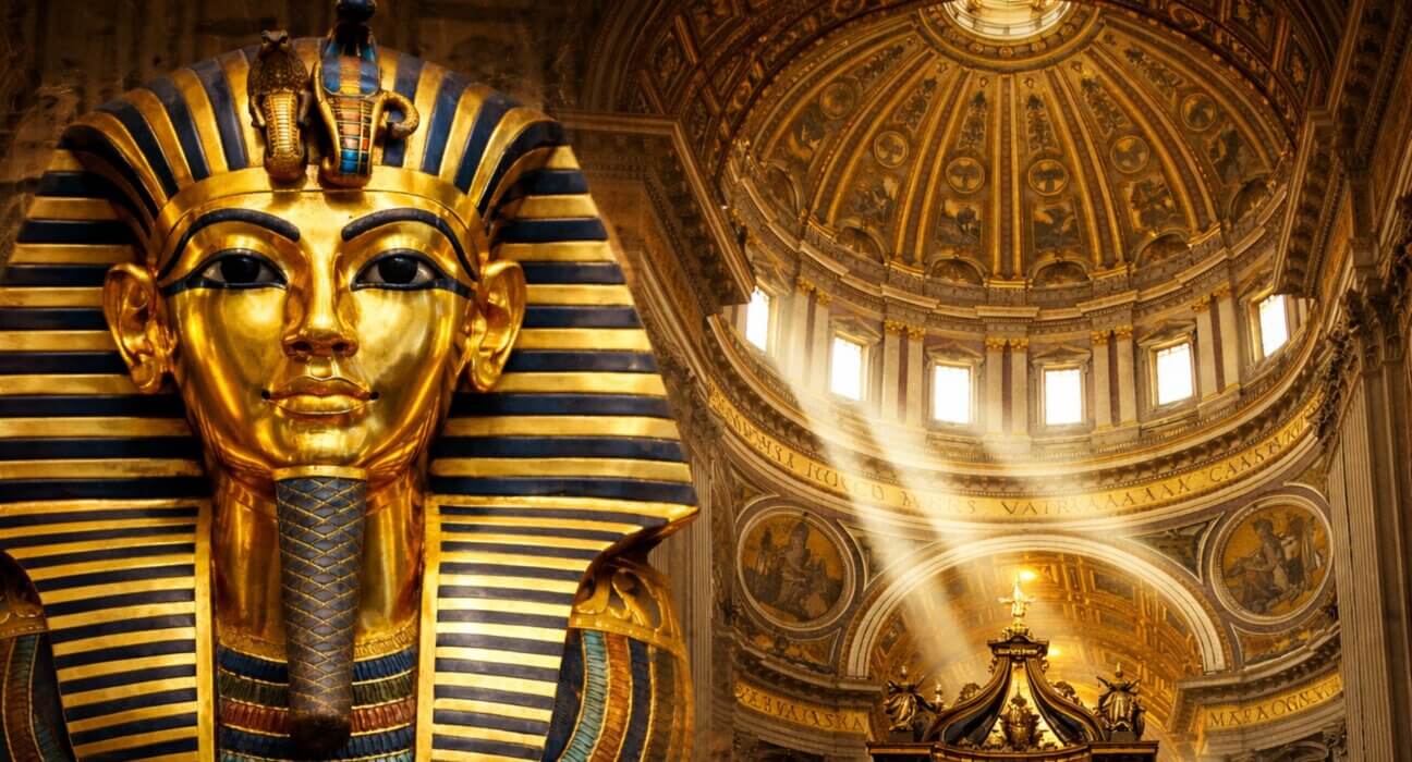 Tutanchamuns goldene Totenmaske neben der vergoldeten Kuppel des Petersdoms – als Symbol für Gold in der Religion vom Alten Ägypten bis zum Vatikan