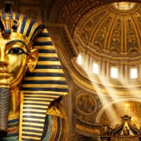 Tutanchamuns goldene Totenmaske neben der vergoldeten Kuppel des Petersdoms – als Symbol für Gold in der Religion vom Alten Ägypten bis zum Vatikan