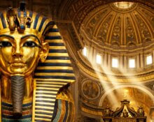 Tutanchamuns goldene Totenmaske neben der vergoldeten Kuppel des Petersdoms – als Symbol für Gold in der Religion vom Alten Ägypten bis zum Vatikan