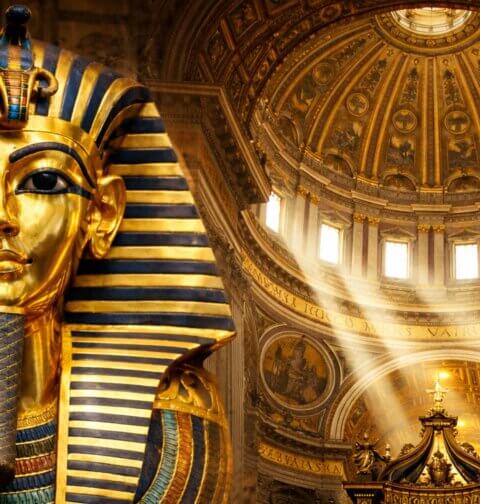 Tutanchamuns goldene Totenmaske neben der vergoldeten Kuppel des Petersdoms – als Symbol für Gold in der Religion vom Alten Ägypten bis zum Vatikan
