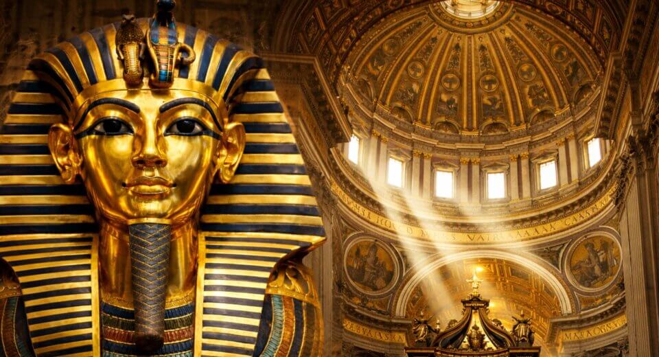 Tutanchamuns goldene Totenmaske neben der vergoldeten Kuppel des Petersdoms – als Symbol für Gold in der Religion vom Alten Ägypten bis zum Vatikan
