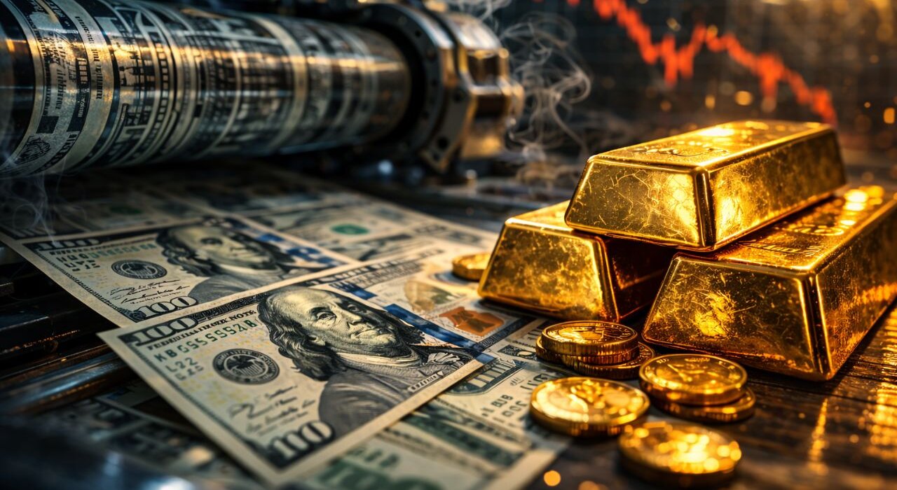 Gelddruckmaschine, die US-Dollar-Scheine neben gestapelten Goldbarren produziert, symbolisiert Inflation, Finanzkrise und Gold als Schutz gegen Währungsabwertung