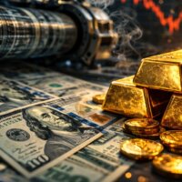 Gelddruckmaschine, die US-Dollar-Scheine neben gestapelten Goldbarren produziert, symbolisiert Inflation, Finanzkrise und Gold als Schutz gegen Währungsabwertung