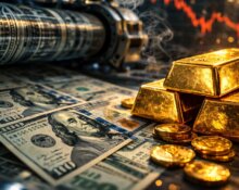 Gelddruckmaschine, die US-Dollar-Scheine neben gestapelten Goldbarren produziert, symbolisiert Inflation, Finanzkrise und Gold als Schutz gegen Währungsabwertung