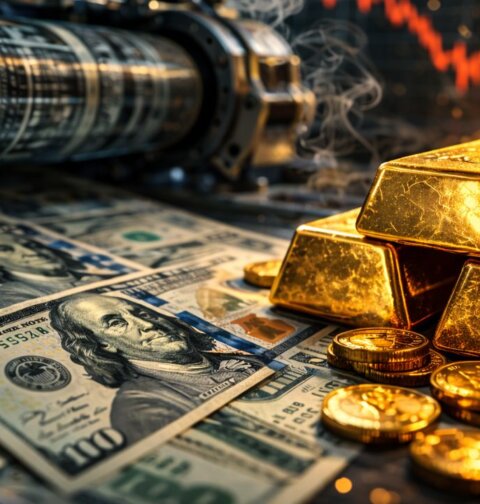 Gelddruckmaschine, die US-Dollar-Scheine neben gestapelten Goldbarren produziert, symbolisiert Inflation, Finanzkrise und Gold als Schutz gegen Währungsabwertung