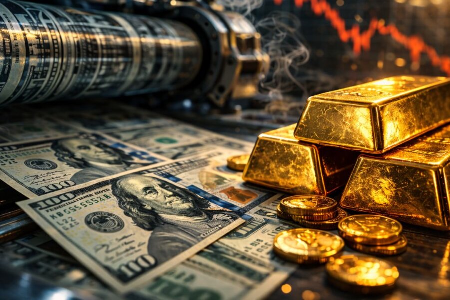 Gelddruckmaschine, die US-Dollar-Scheine neben gestapelten Goldbarren produziert, symbolisiert Inflation, Finanzkrise und Gold als Schutz gegen Währungsabwertung