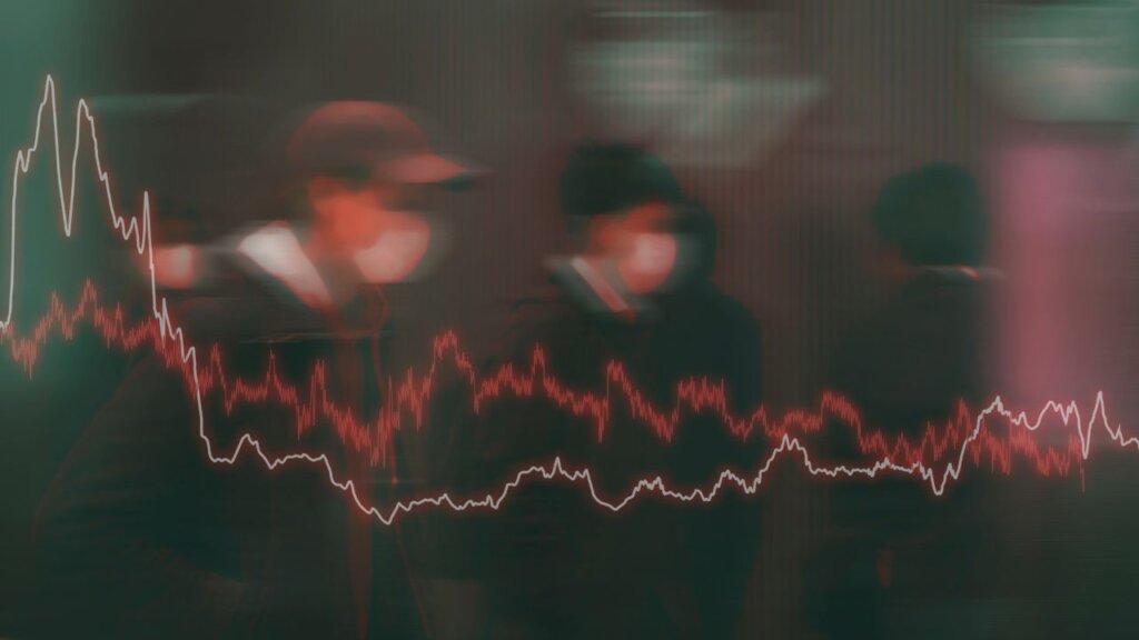 Volatilität an den Aktienmärkten während der COVID-19-Krise mit fallendem Marktchart und maskierten Fußgängern, die Finanzpanik, Gelddrucken und globale wirtschaftliche Unsicherheit symbolisieren