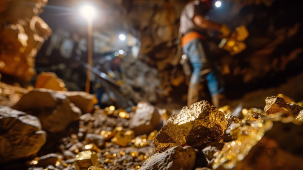 Goldminenarbeiter tief unter Tage beim Abbau von Golderz – veranschaulicht Peak-Gold-Förderung, sinkendes globales Angebot und steigende Abbaukosten