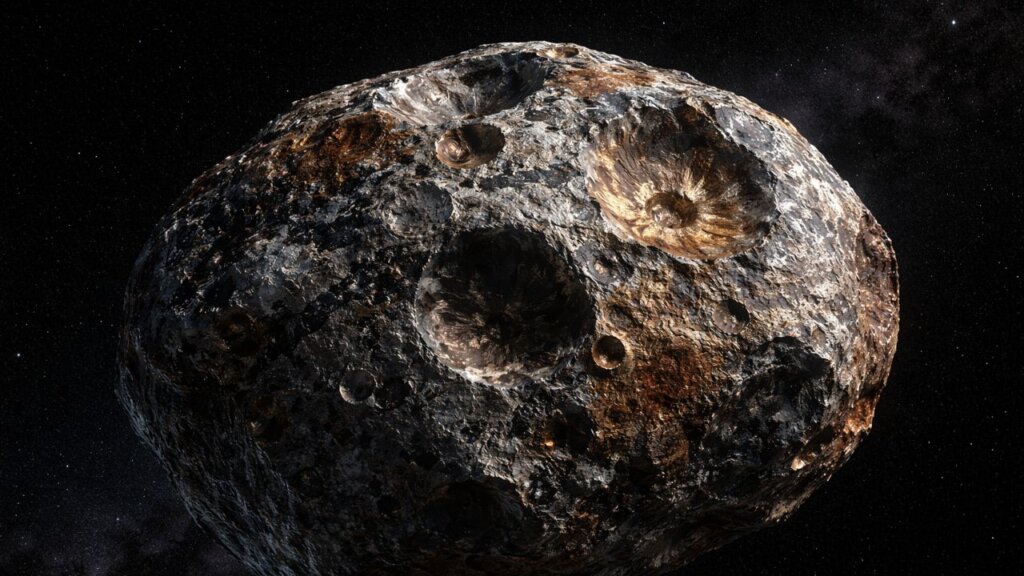 Asteroid 16 Psyche im tiefen Weltraum – ein metallreicher Asteroid mit Eisen, Nickel und möglicherweise Gold, zwischen Mars und Jupiter gelegen