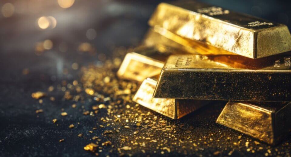 Stapel Goldbarren auf dunklem Hintergrund – physisches Goldbarren symbolisiert Werterhaltung, Goldinvestition und den zeitlosen Wertspeicher durch die Geschichte
