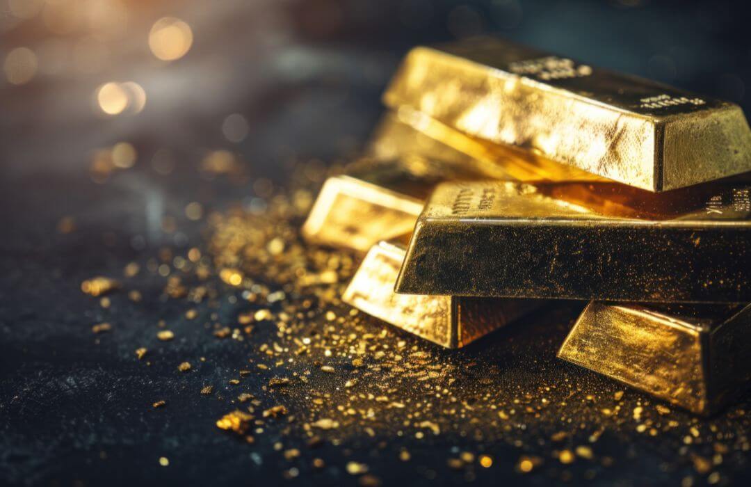 Stapel Goldbarren auf dunklem Hintergrund – physisches Goldbarren symbolisiert Werterhaltung, Goldinvestition und den zeitlosen Wertspeicher durch die Geschichte